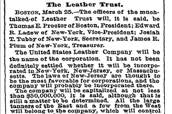 Ladew was one of the tanning corportations that contributed lands and materials to form the United States Leather Company, formed in part as a competitive response to the rising influence of Chicago's meat packing industry. Known interchangeably as the Leather Trust and Leather Combine, the United States Leather Company was one of the original corporations included in the Dow Jones Industrial Average, the second oldest US market index -first tabulated on May 26, 1896, after the Dow Jones Transportation Average. 
https://timesmachine.nytimes.com/timesmachine/1893/03/26/106816934.pdf